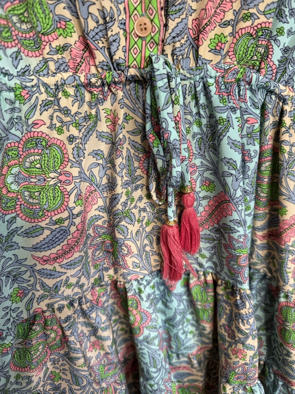 Boho Paisley Tie-Waist Long Sleeve Dress - Green Multi - Picture 3 of 10